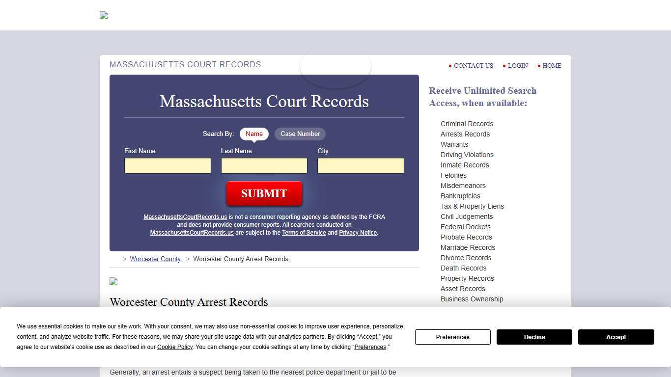 Worcester County Arrest Records MassachusettsCourtRecords.us