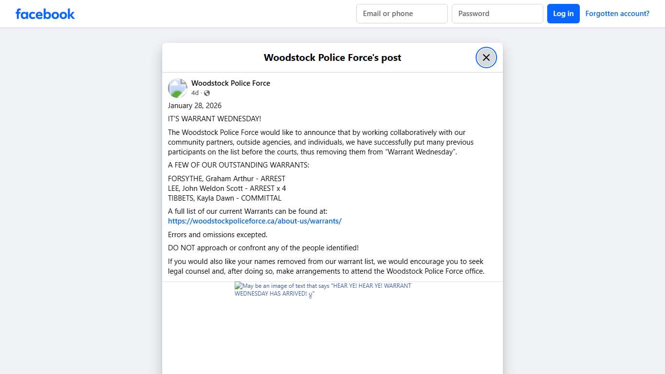 January 28, 2026 IT'S WARRANT... - Woodstock Police Force Facebook